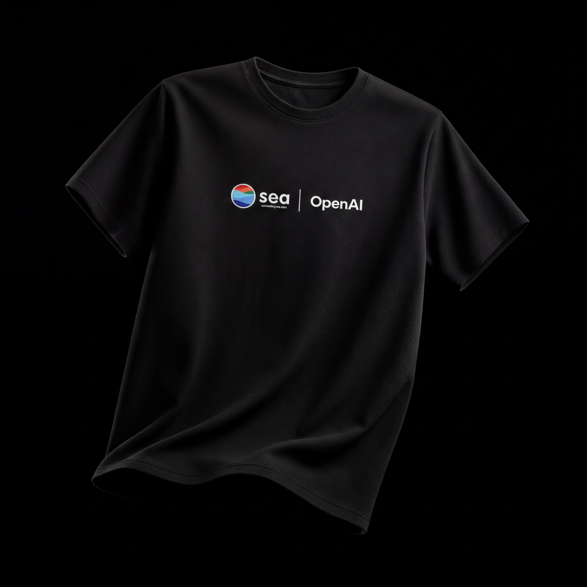 Black T-shirt with the sea and OpenAI co-brand lockup